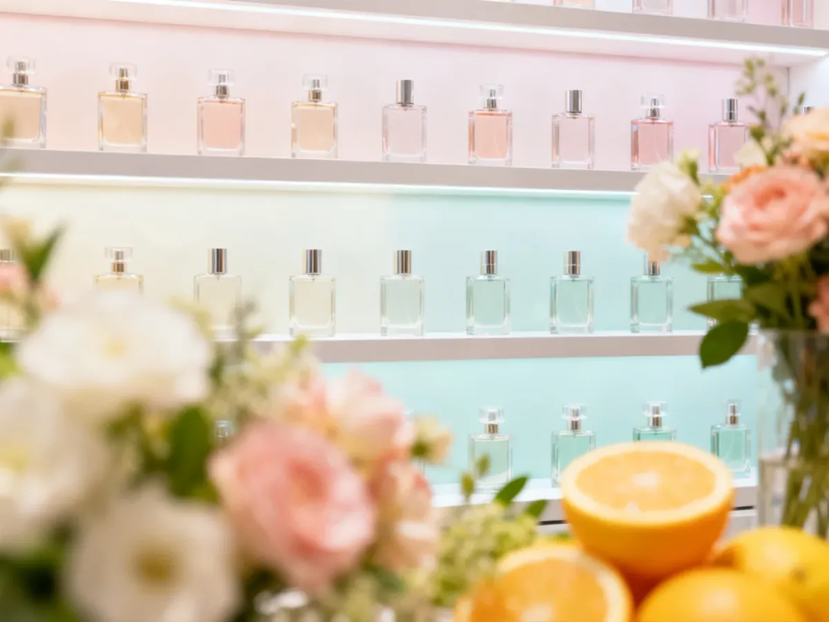 Perfumy drogeryjne na jasnej półce sklepowej