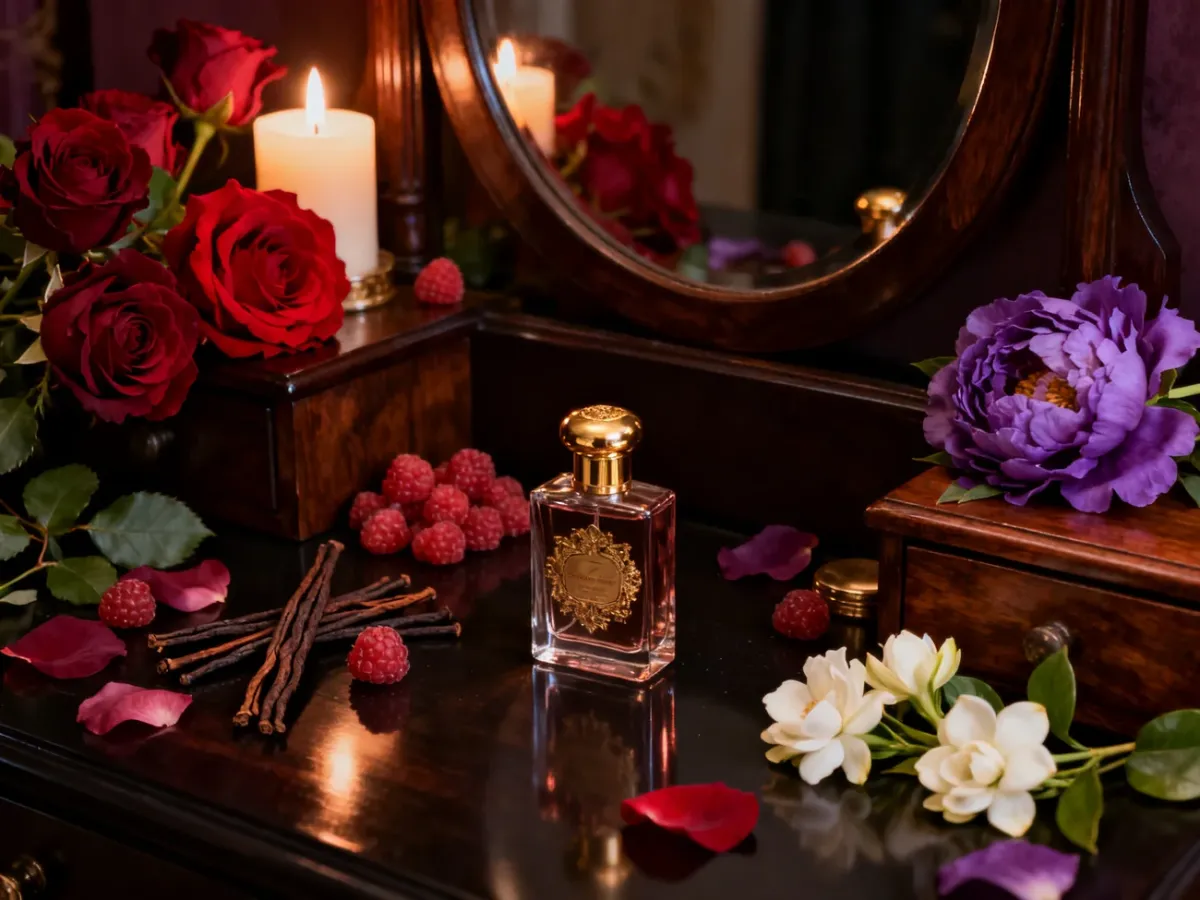 Wieczorowa kompozycja róż, malin, wanilii i ciemnych akordów drzewnych