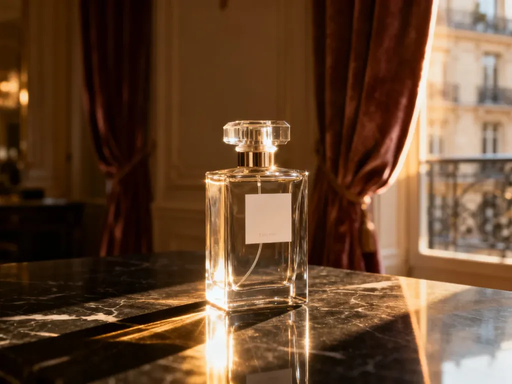 Luksusowy flakon męskich perfum na marmurowym blacie w świetle zachodzącego słońca, podkreślający elegancję zapachu.