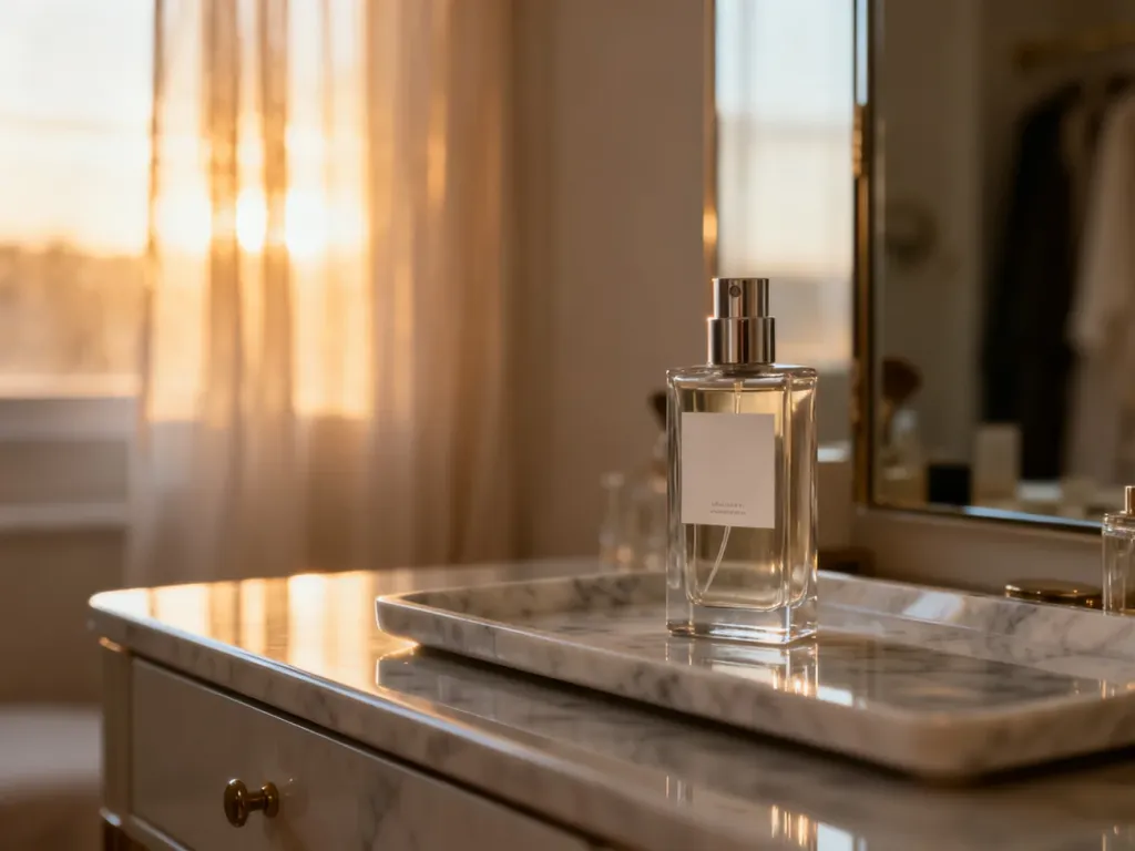 Elegancki flakon perfum Chanel na marmurowej podstawce w słonecznej, luksusowej garderobie.