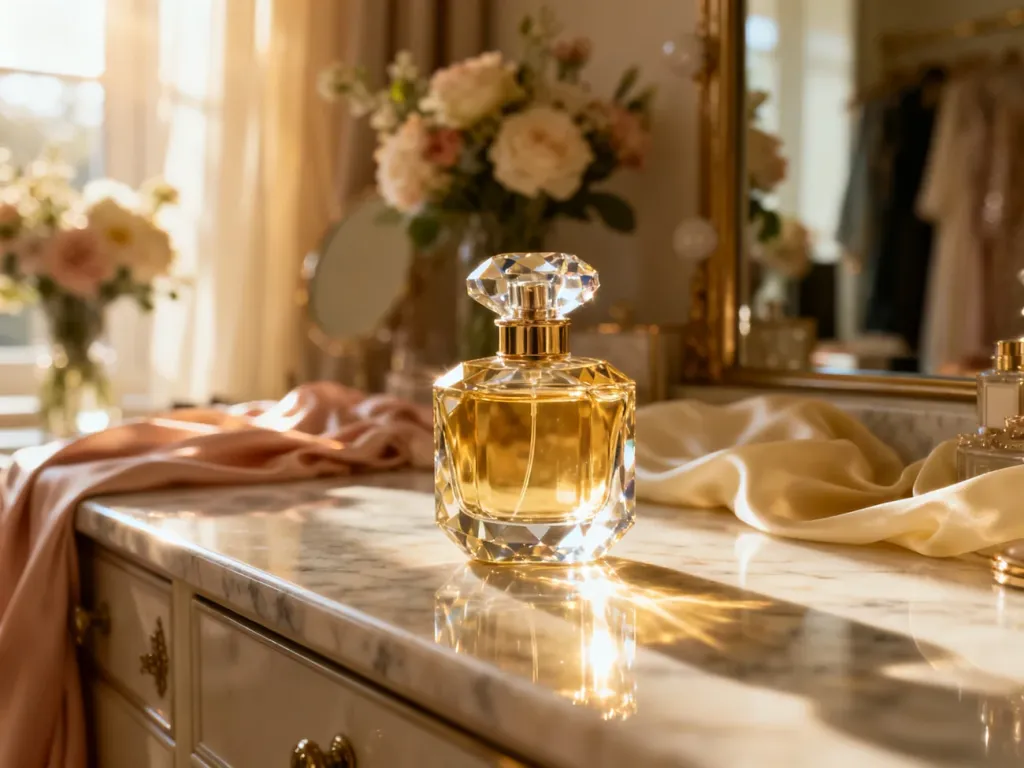 Elegancki flakon perfum na marmurowej toaletce w słonecznym, przytulnym wnętrzu, podkreślający luksusowy charakter zapachu.