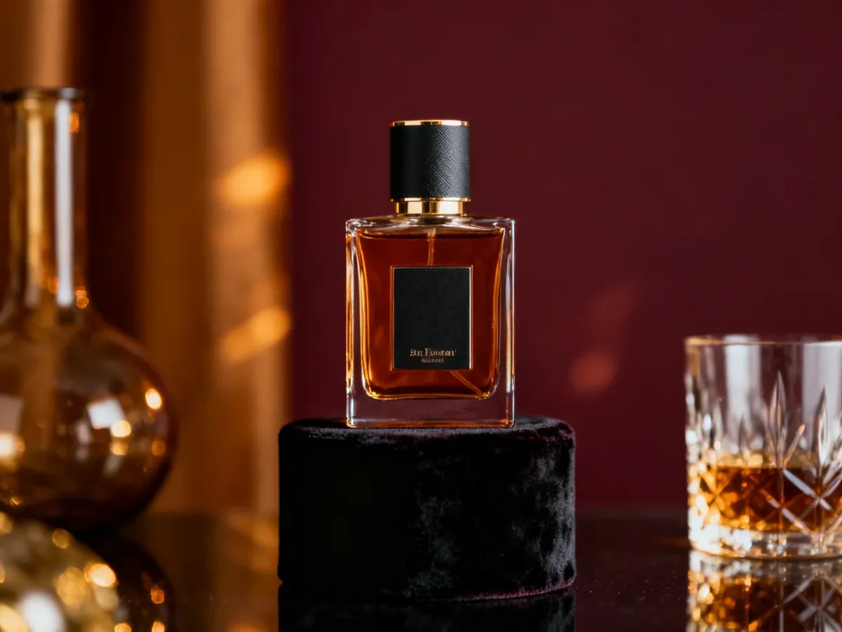 Luksusowy flakon męskich perfum na aksamitnym postumencie