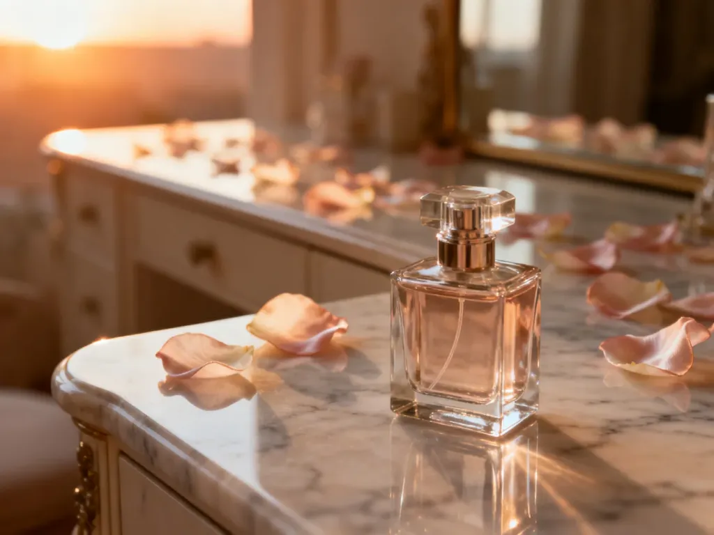 Elegancki flakon perfum na marmurowym blacie w otoczeniu delikatnych płatków kwiatów w ciepłym świetle zachodzącego słońca.