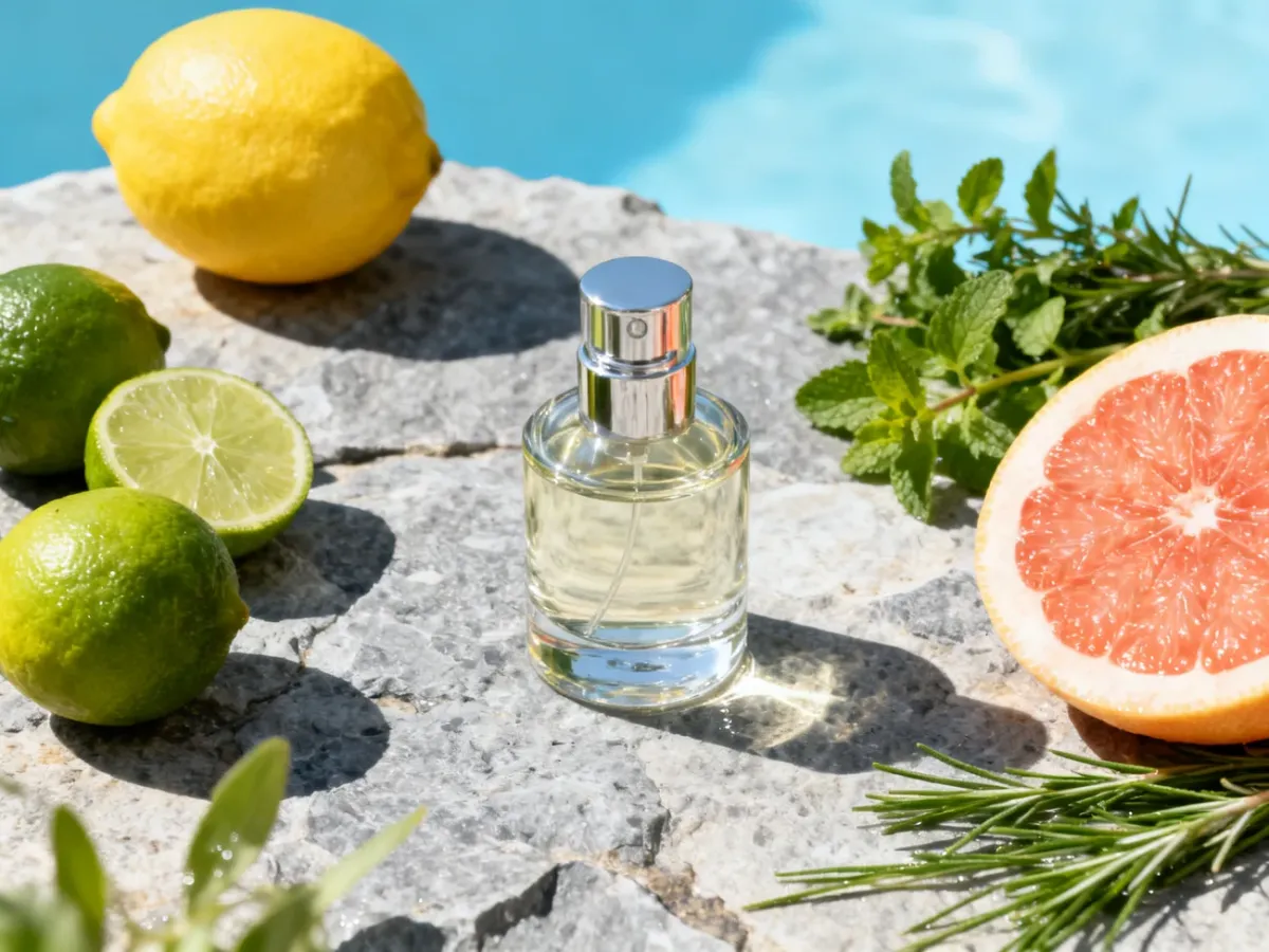 Flakon męskich letnich perfum wśród cytrusów, ziół i wetiweru
