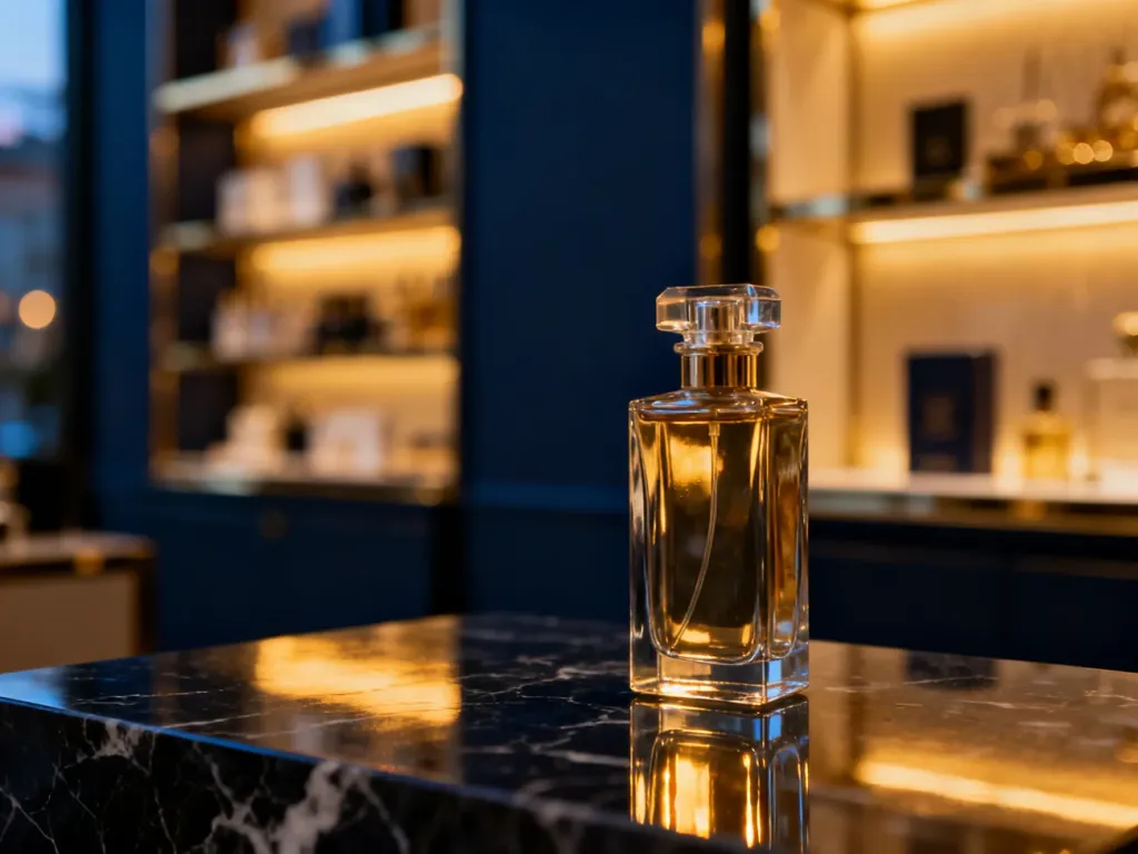Elegancki flakon perfum na marmurowym blacie w luksusowym wnętrzu butiku. Stylowa prezentacja męskich zapachów premium.