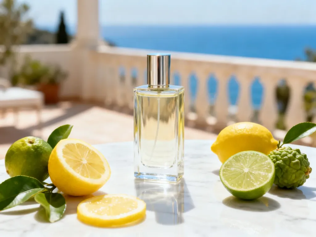 Minimalistyczny flakon perfum na marmurowym blacie w otoczeniu świeżych cytrusów, przywodzący na myśl słoneczne wybrzeże.