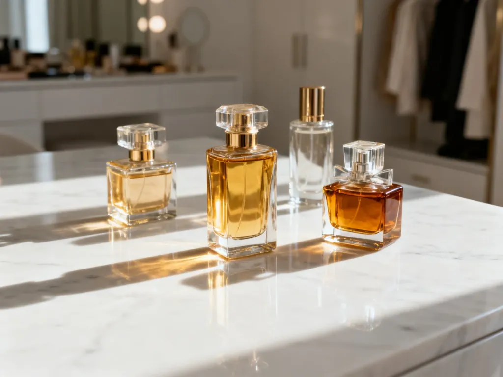 Eleganckie flakony perfum na marmurowym blacie w słonecznym świetle, prezentujące luksusowe zapachy w nowoczesnym wnętrzu.