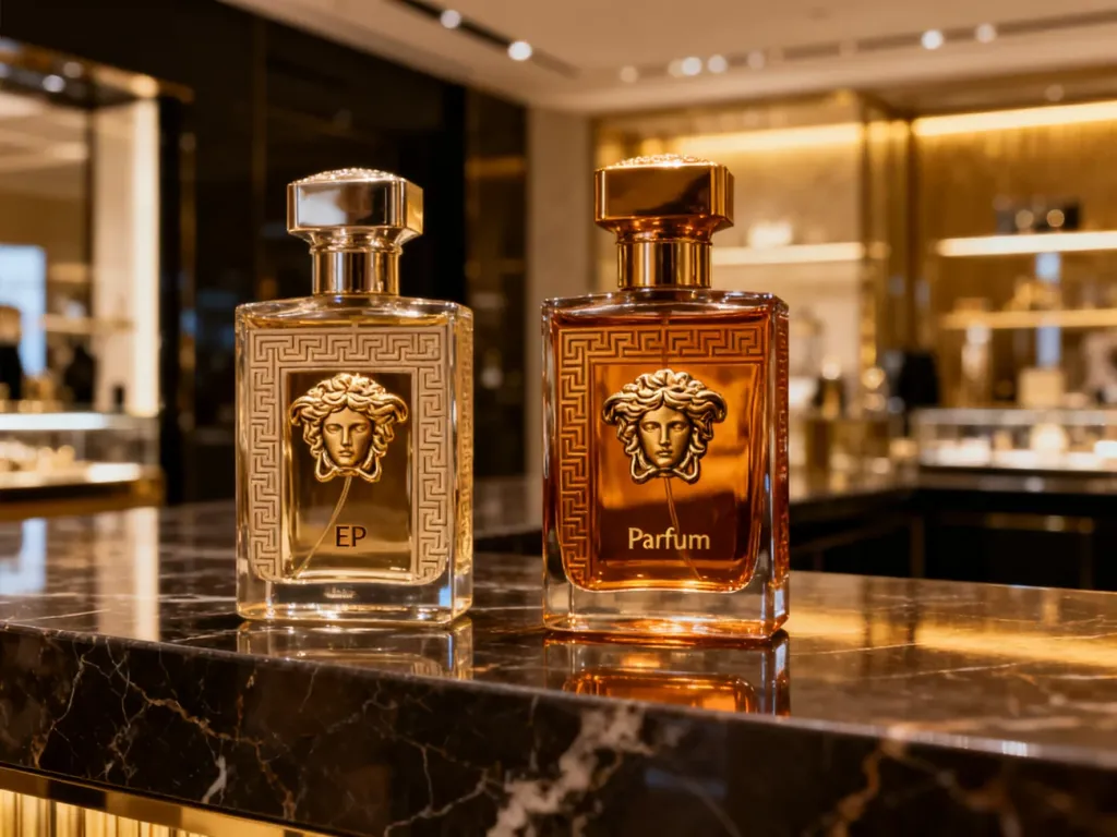 Eleganckie flakony Versace Eros EDP i Parfum na marmurowym blacie w luksusowym wnętrzu.