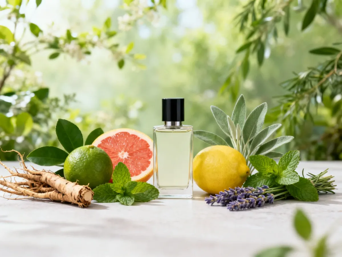 Świeże cytrusy, zioła i wetiwer symbolizujące wiosenne perfumy męskie