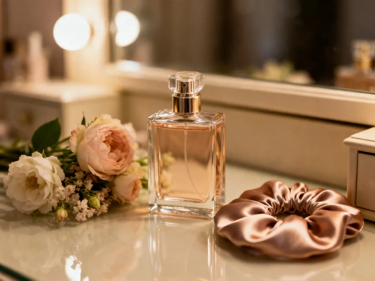 Elegancki flakon perfum na toaletce w otoczeniu kwiatów i jedwabnego dodatku