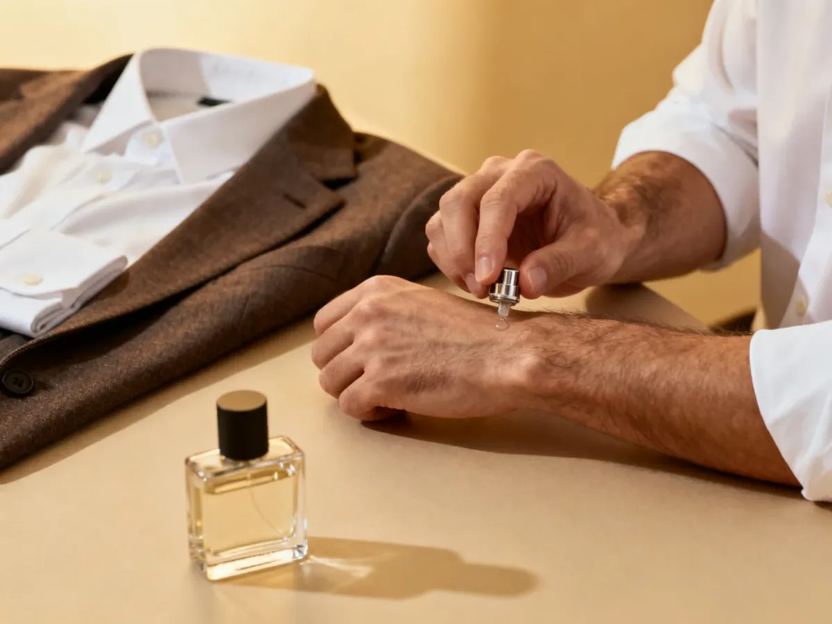 Mężczyzna oszczędnie aplikuje perfumy na nadgarstek przed wyjściem