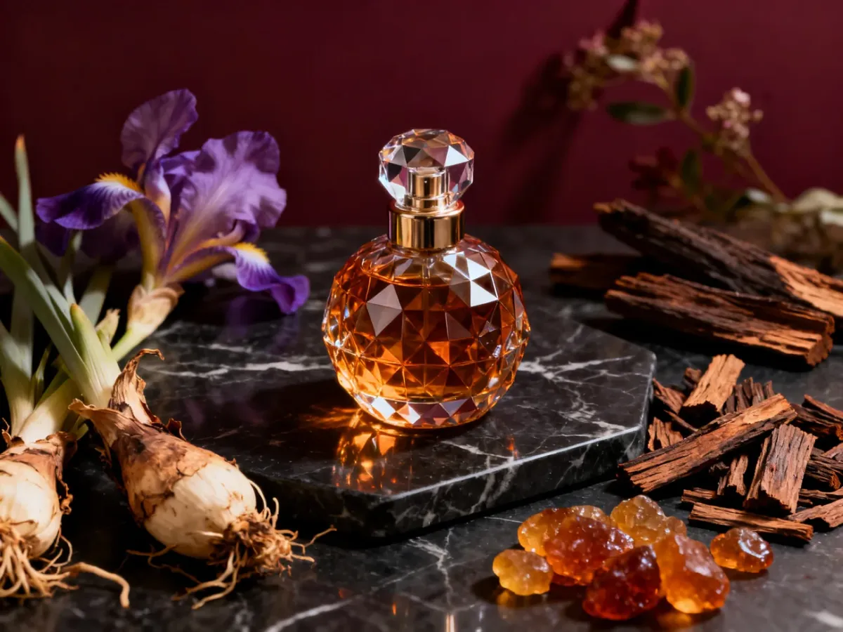 Luksusowy flakon perfum otoczony irysem, oudem i naturalną ambrą