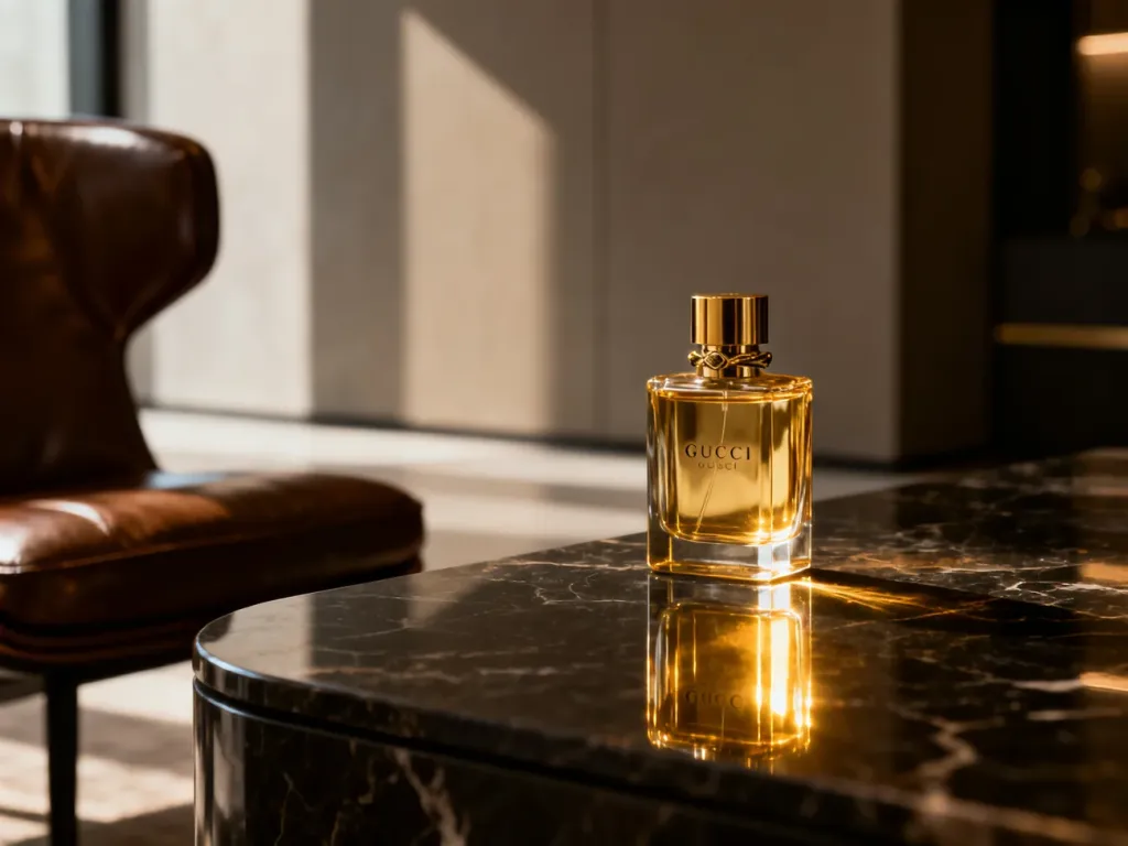 Elegancki flakon perfum Gucci na marmurowym blacie w luksusowym, nastrojowym wnętrzu.