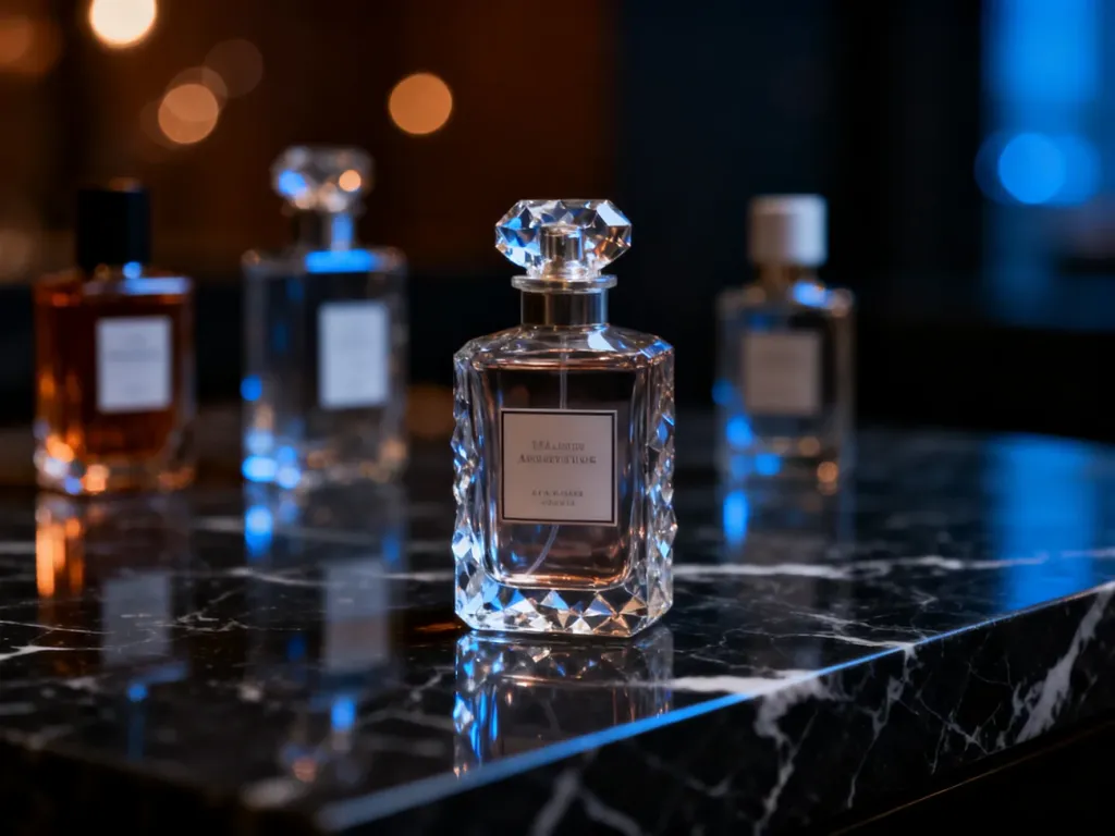 Eleganckie szklane flakony perfum męskich Nou ustawione na ciemnym marmurowym blacie w nastrojowym oświetleniu.