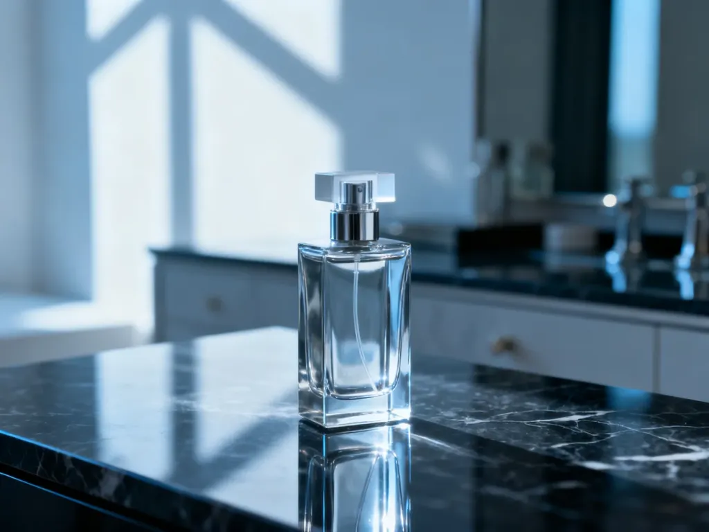 Elegancki flakon perfum męskich Made in Lab na ciemnym marmurowym blacie, podkreślający luksusowy charakter produktu.