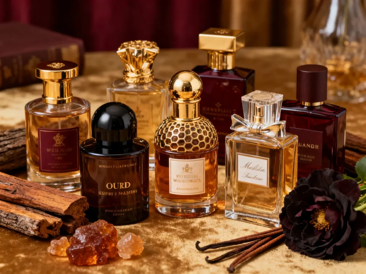 Różnorodne flakony perfum o orientalnych i drzewnych kompozycjach