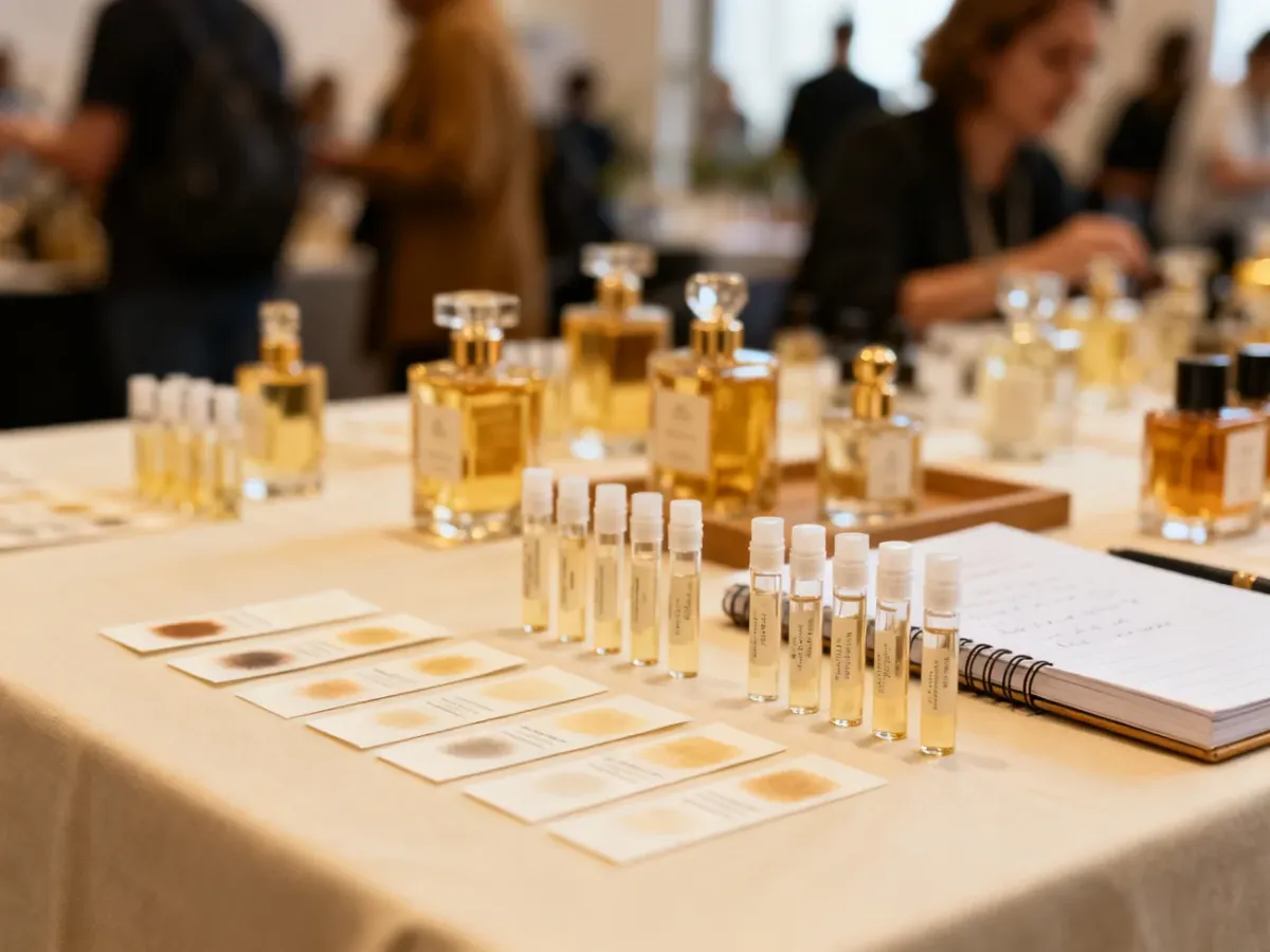 Zestaw próbek perfum przygotowany do testowania podczas wydarzenia perfumeryjnego