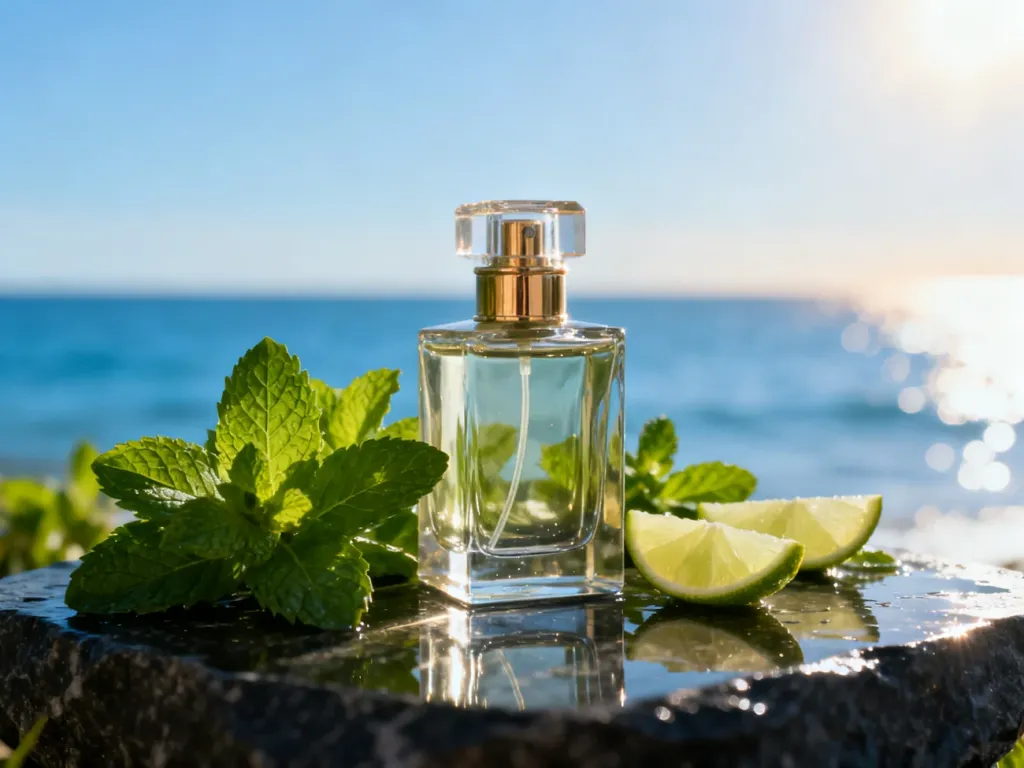 Luksusowy flakon perfum otoczony świeżą miętą i limonką na tle błękitnego oceanu, podkreślający orzeźwiający letni zapach.