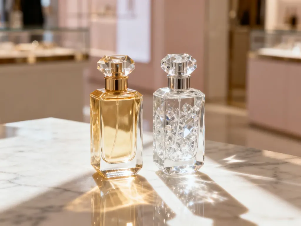 Dwie eleganckie butelki perfum z różnymi odcieniami płynu na marmurowym blacie, ilustrujące różnice między zapachami.