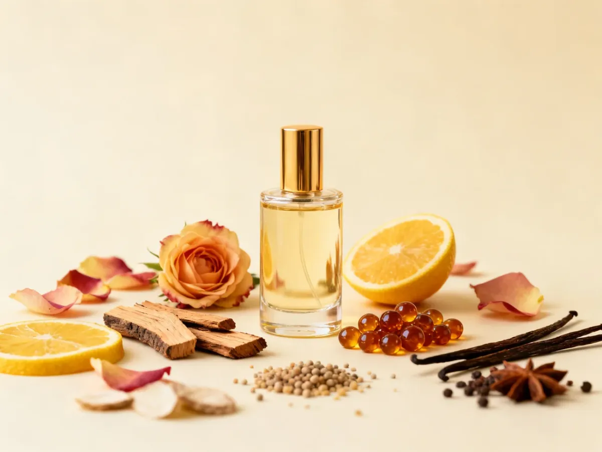 Butelka perfum otoczona kwiatami, cytrusami, drewnem, wanilią i przyprawami
