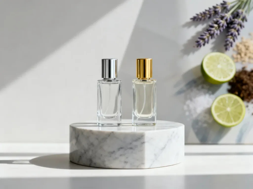 Dwa minimalistyczne flakony perfum na marmurowym postumencie, symbolizujące elegancję zapachów typu unisex.