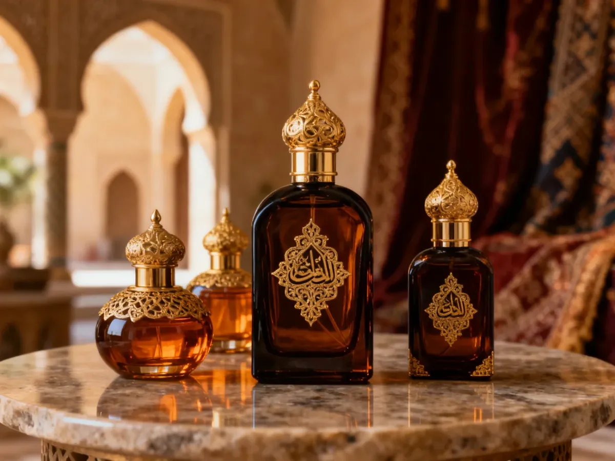 Eleganckie arabskie flakony męskich perfum w orientalnej scenerii