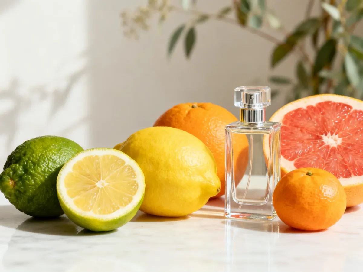 Cytrusy i flakon perfum w jasnej, eleganckiej aranżacji