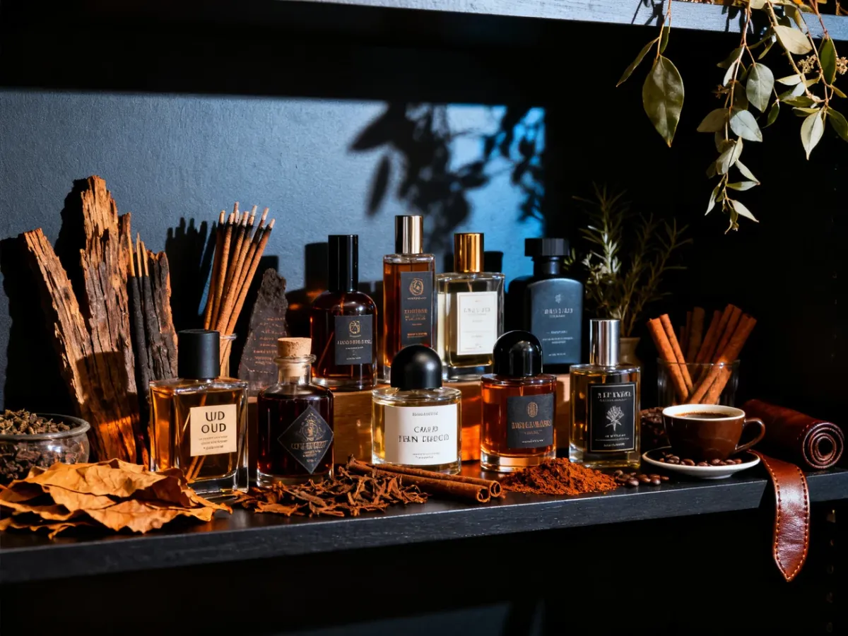 Różnorodne flakony perfum niszowych otoczone naturalnymi składnikami