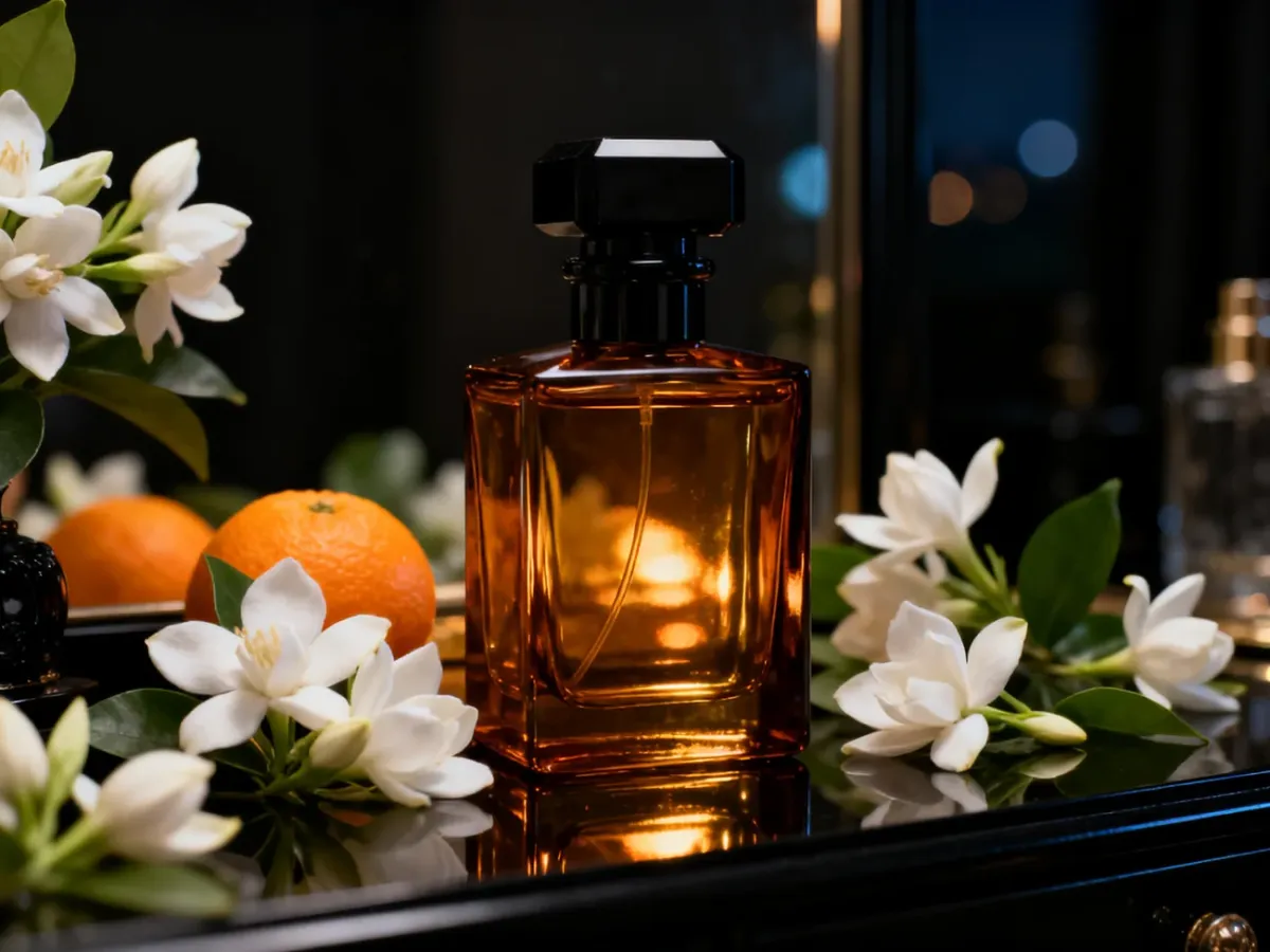 Elegancki flakon perfum otoczony białymi kwiatami na wieczornej toaletce