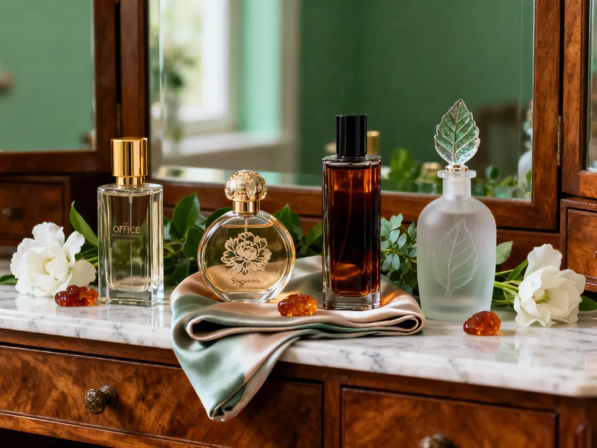 Cztery flakony perfum ułożone jako garderoba zapachowa