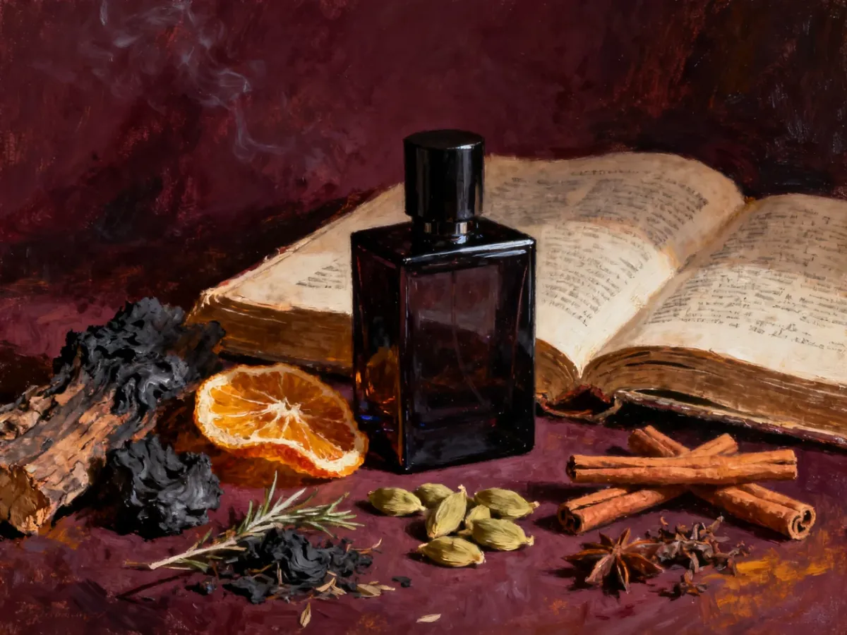 Perfumeryjna kompozycja inspirowana literaturą z książką, przyprawami i dymnym drewnem